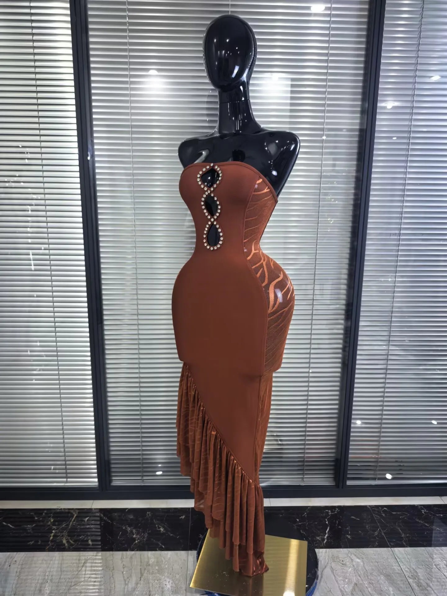 Brown Strapless Shining Diamond Bodycon Bandage Dress