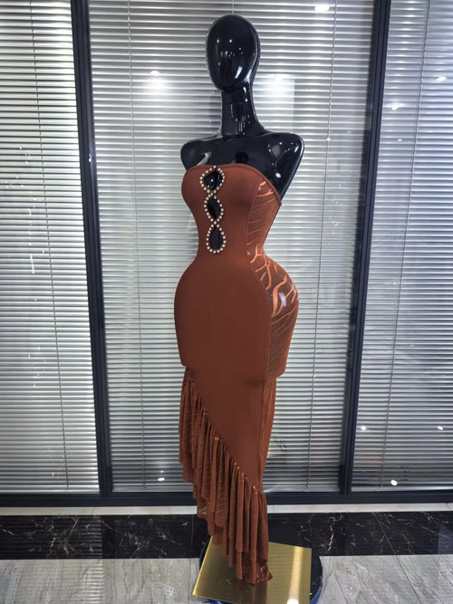 Brown Strapless Shining Diamond Bodycon Bandage Dress