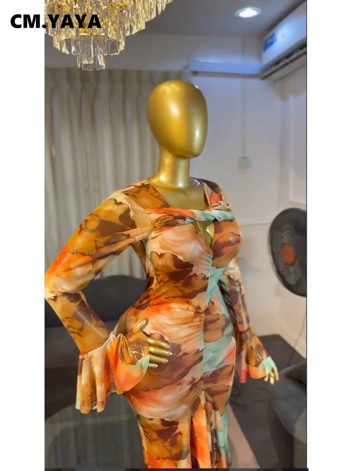 Tie-Dye V-Neck Flare Sleeve Mesh Dress