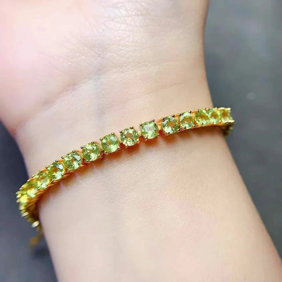 Classic 925 Silver Gemstone Bracelet 26 Pieces 4mm Natural Peridot Bracelet 18K Gold Plated Peridot Silver Jewelry