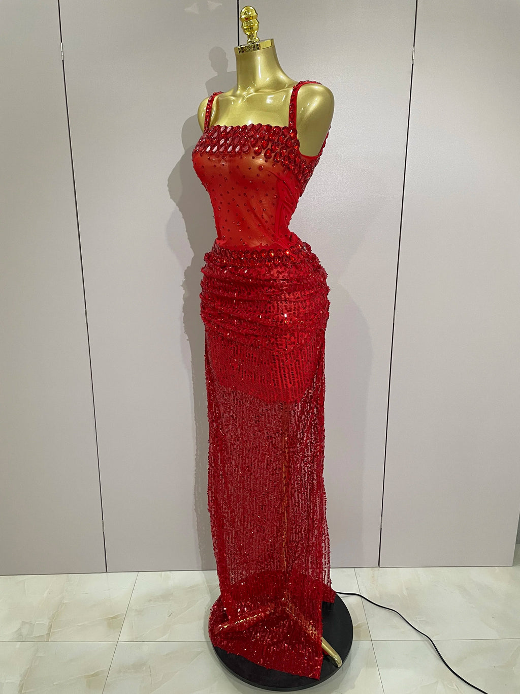Sparkly Red Rhinestone & Sequin 2-Piece Sheer Long Dress – Women’s Party & Stagewear