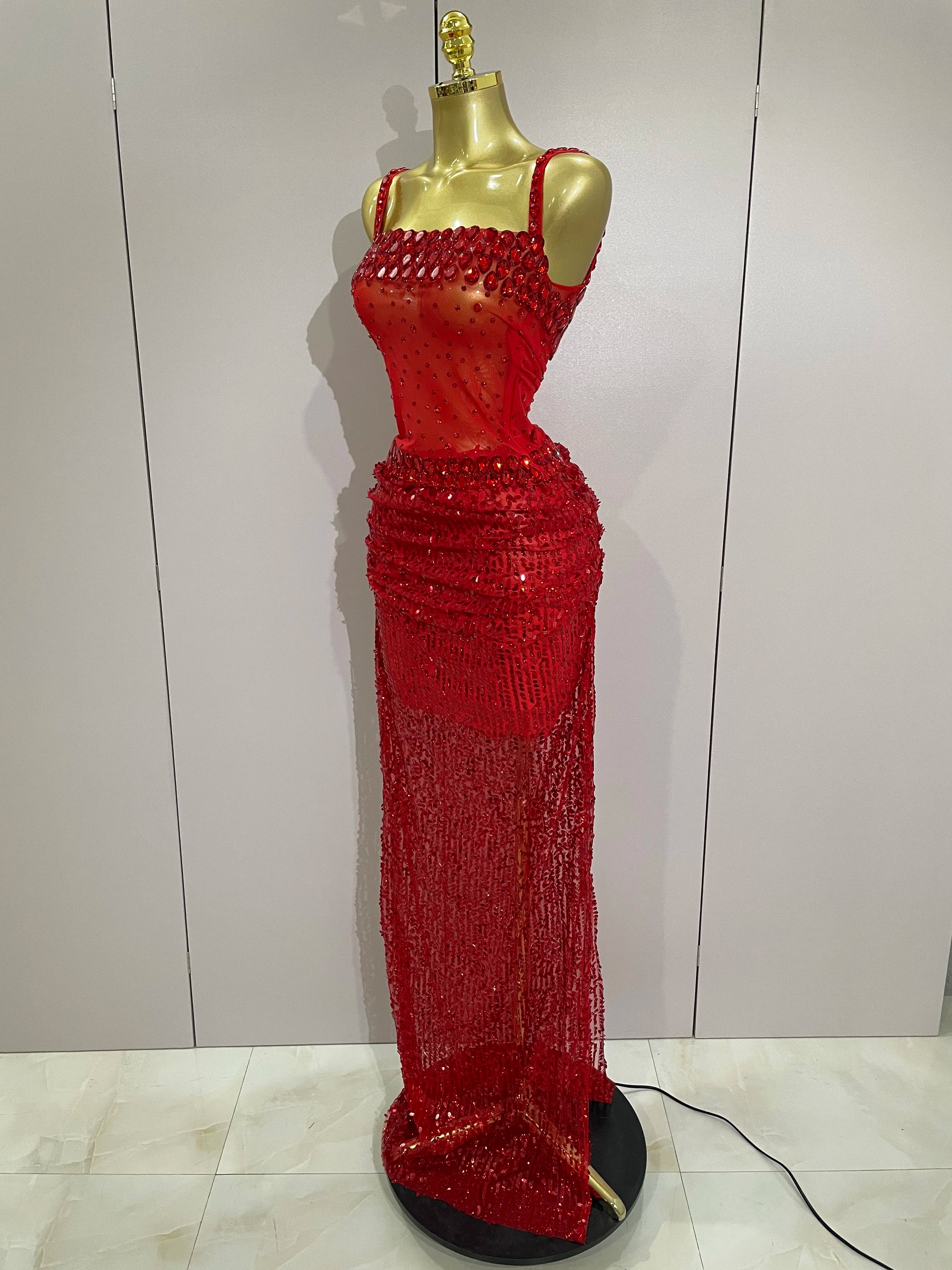 Sparkly Red Rhinestone & Sequin 2-Piece Sheer Long Dress – Women’s Party & Stagewear