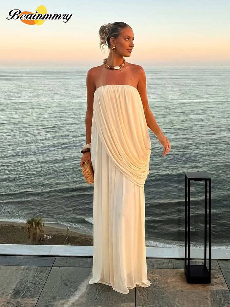 Elegant Yellow Strapless Pleated Maxi Dress