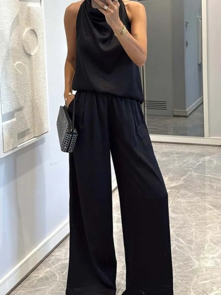 Elegant Sleeveless Satin Trousers Set