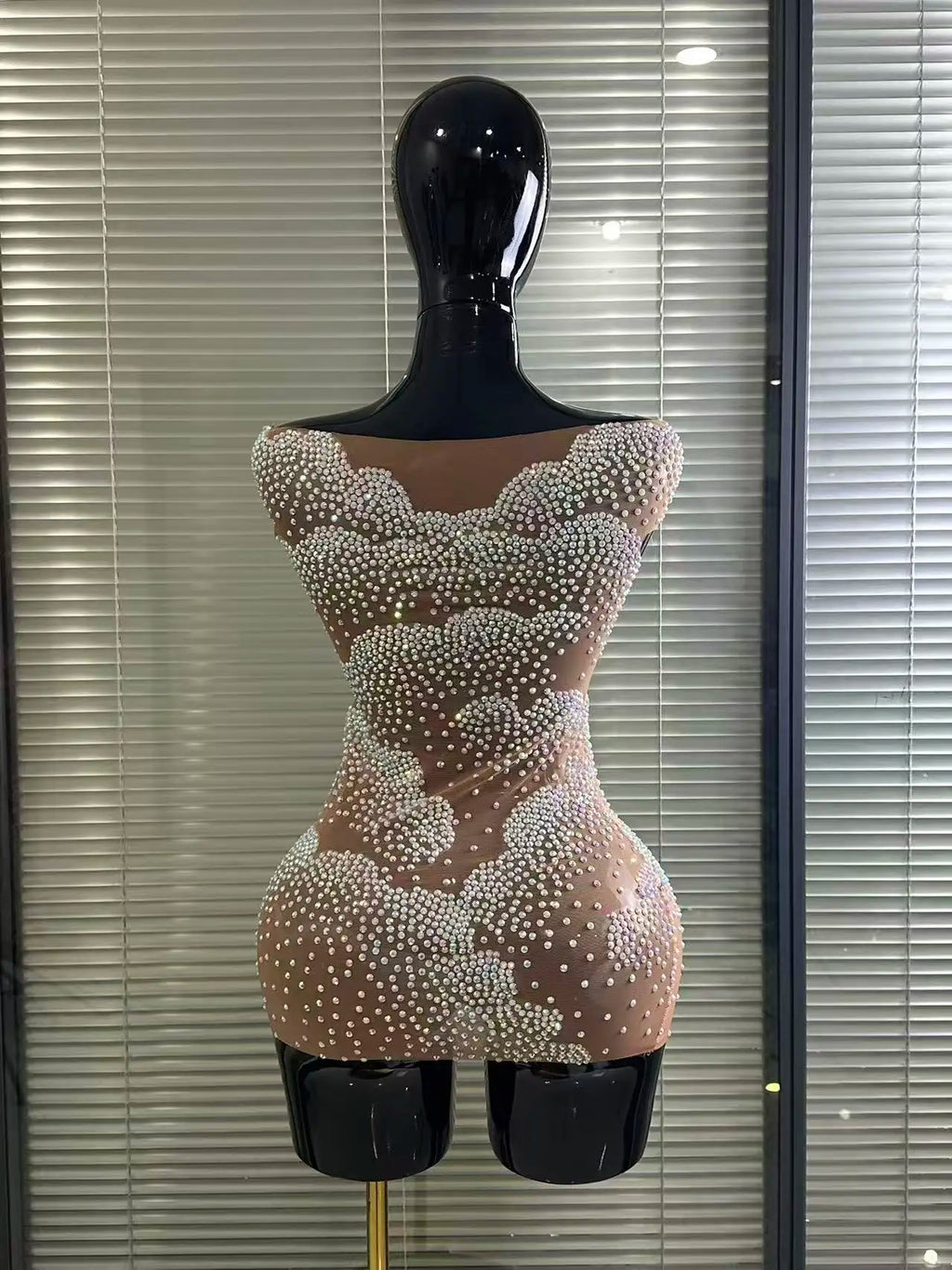 Sparkly Rhinestone Sheer Off-Shoulder Bodycon Mini Dress – Party & Stagewear
