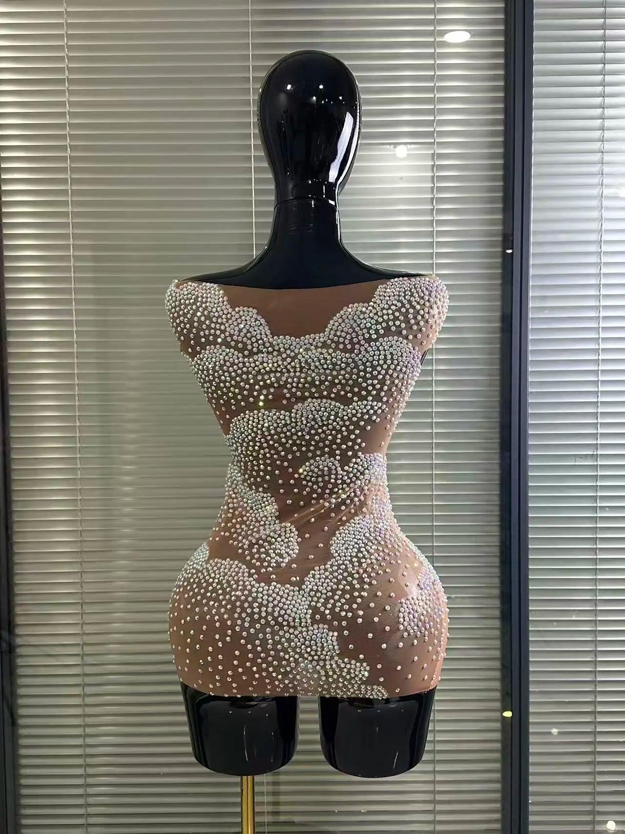 Sparkly Rhinestone Sheer Off-Shoulder Bodycon Mini Dress – Party & Stagewear