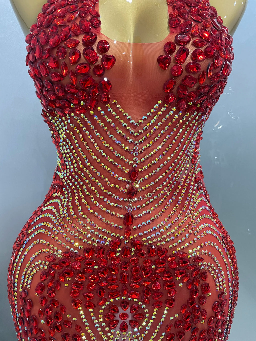 Sexy Red Rhinestone Halter Backless Velour Mini Dress – Women’s Party & Stagewear