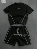 Men's Contrast Piping Graphic Print Shorts Set