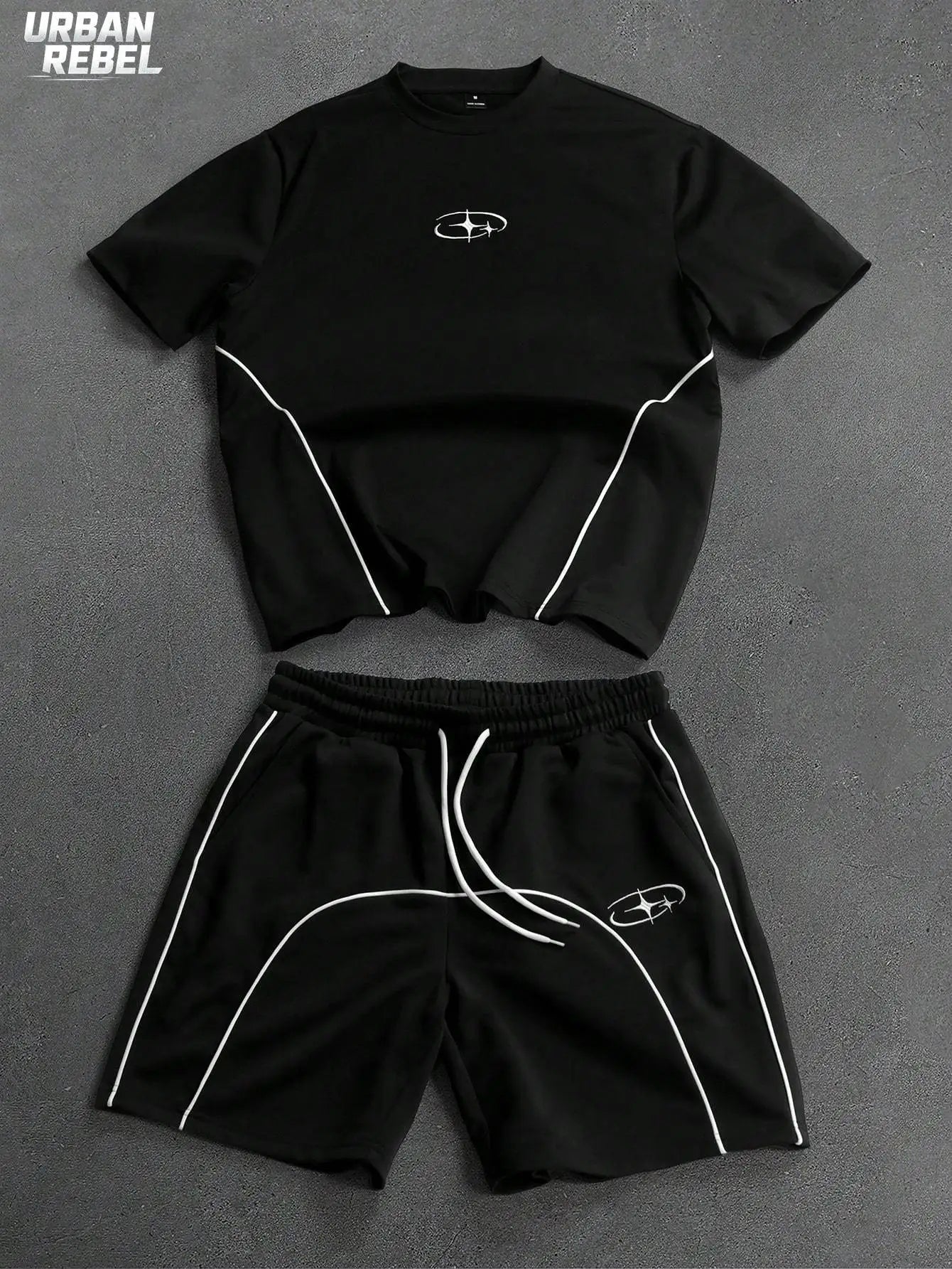 Men's Contrast Piping Graphic Print Shorts Set