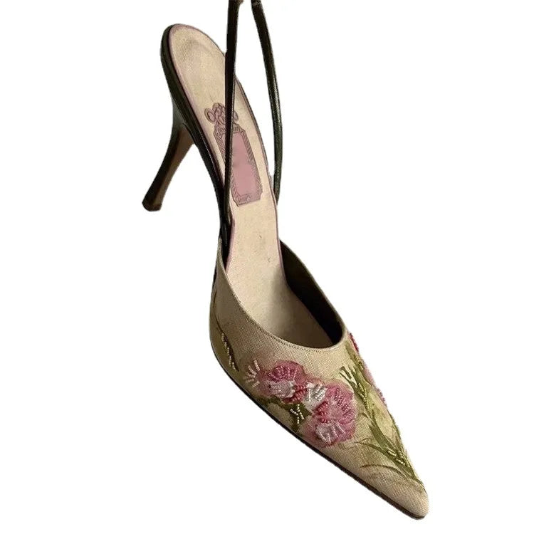 KNCOKAR Embroidered Pointed Toe Thin High Heel Pumps
