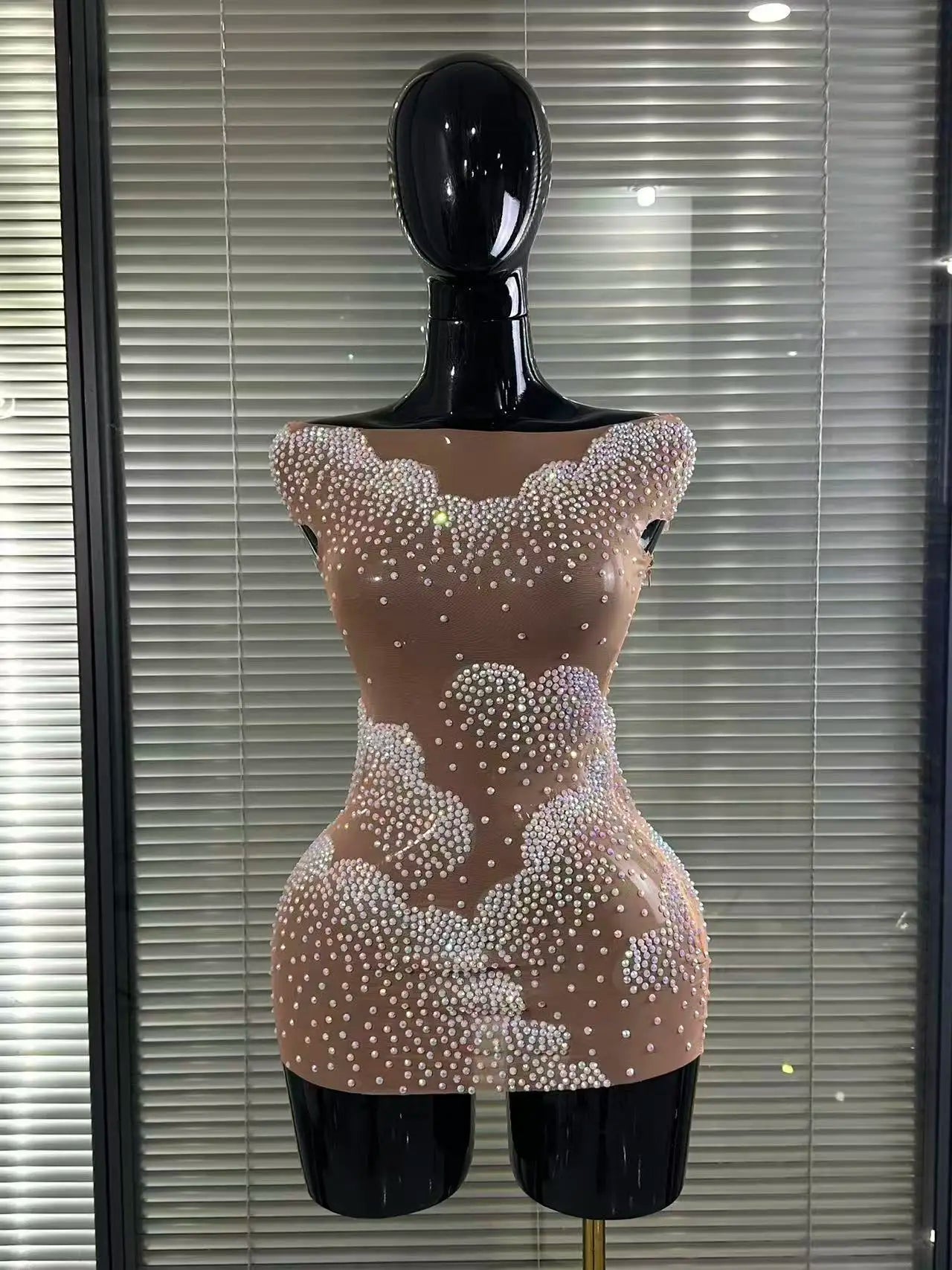 Sparkly Rhinestone Sheer Off-Shoulder Bodycon Mini Dress – Party & Stagewear