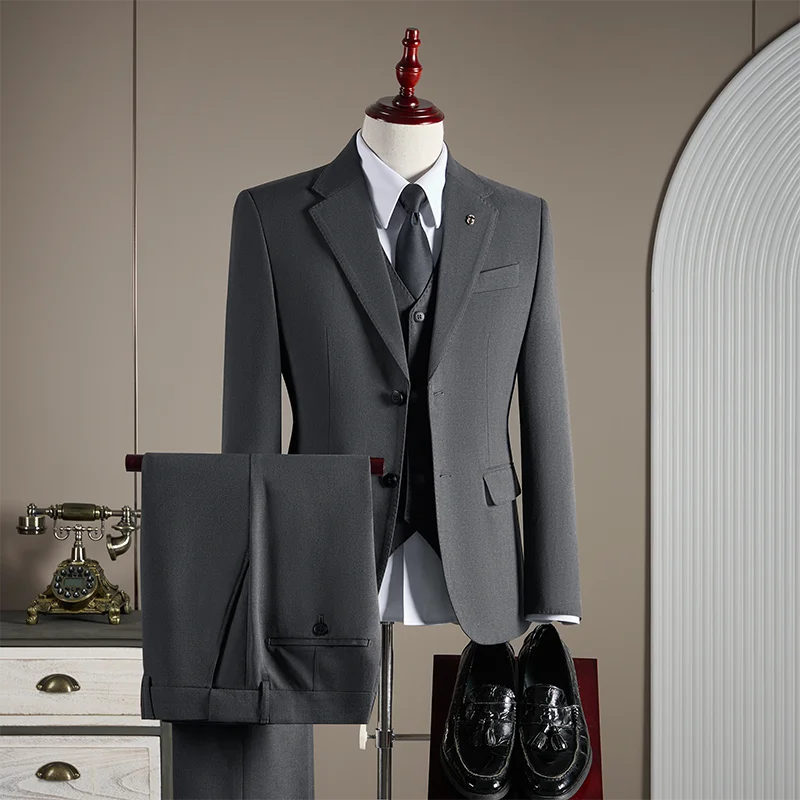 Men’s High-End Wool Blend Suit – British-Style 3-Piece Gray-Blue Wedding Suit