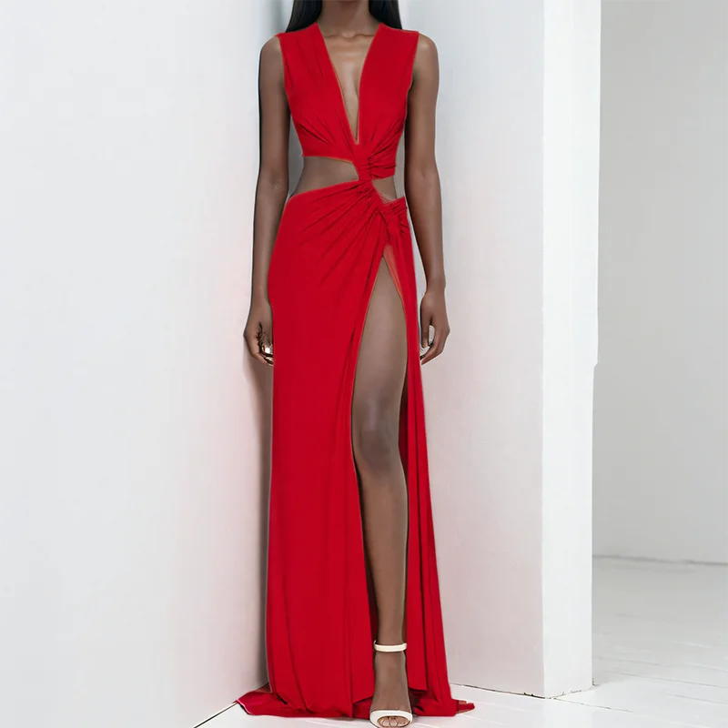 Hollow Out Split V-Neck Midi Dress
