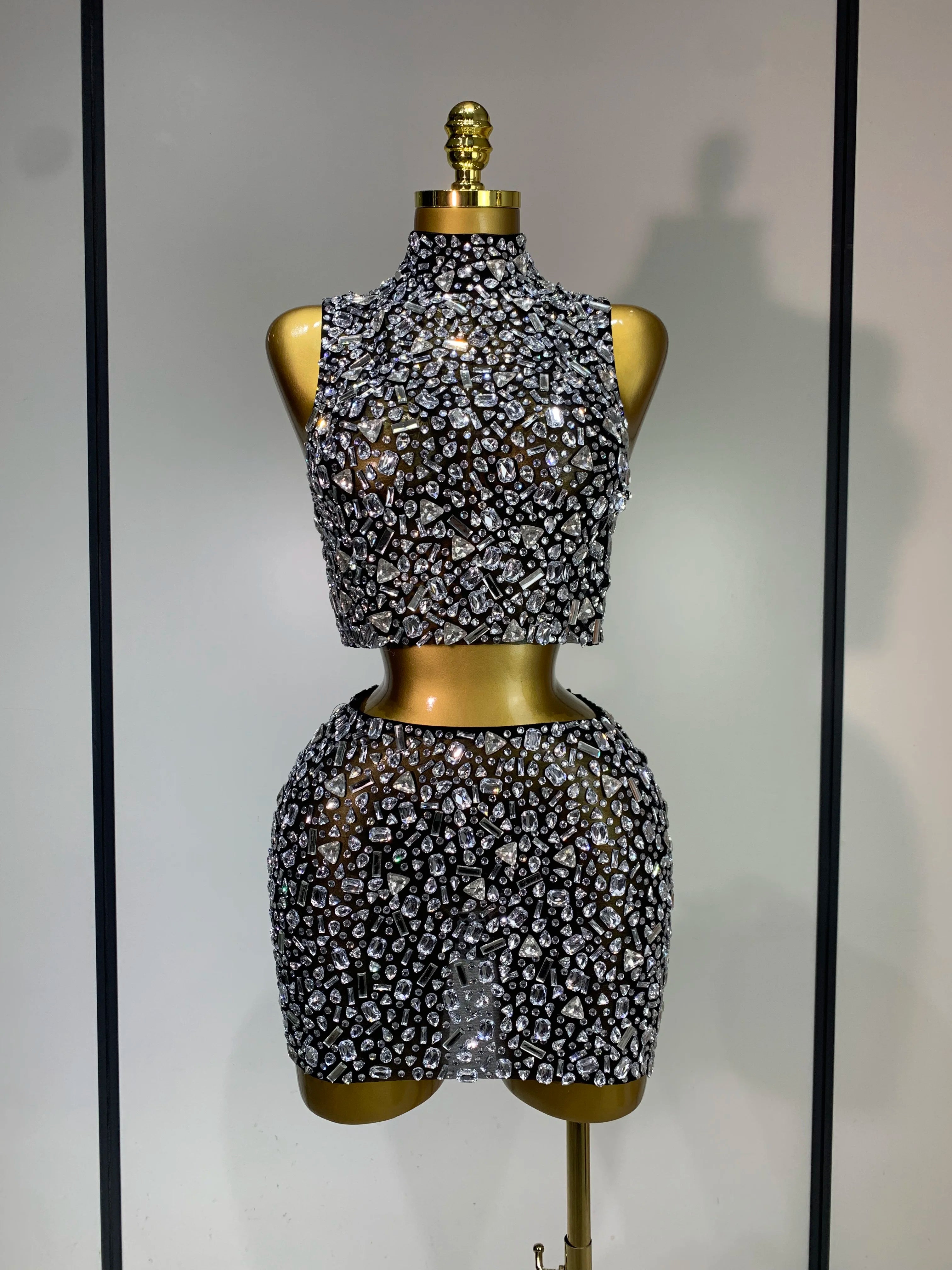 Sparkly Rhinestone Backless Top & Skirt Set