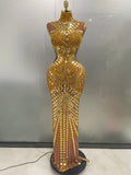 Luxury Rhinestone Mirror Hollow-Out Long Dress – Women’s Evening & Prom Gown