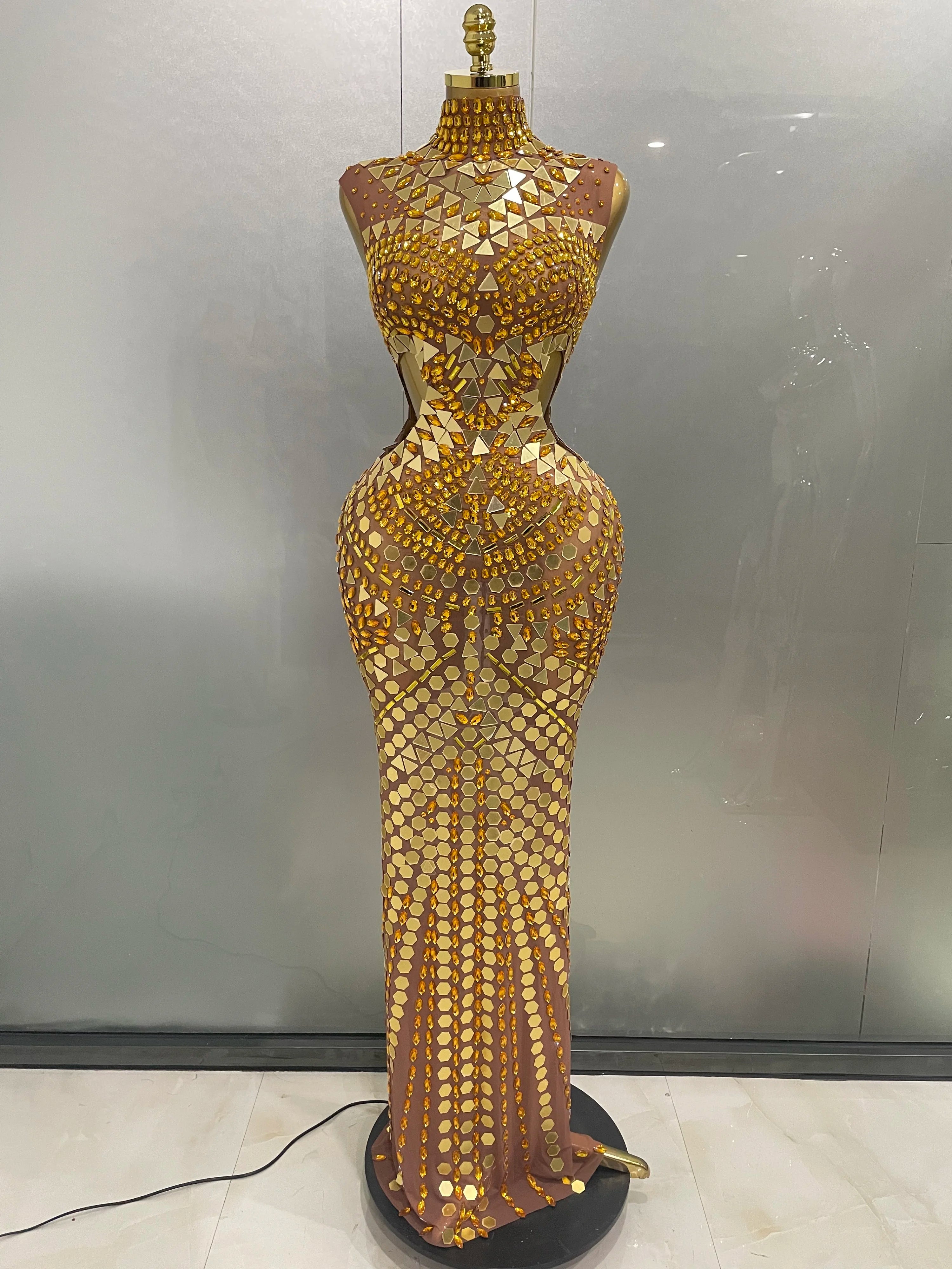 Luxury Rhinestone Mirror Hollow-Out Long Dress – Women’s Evening & Prom Gown