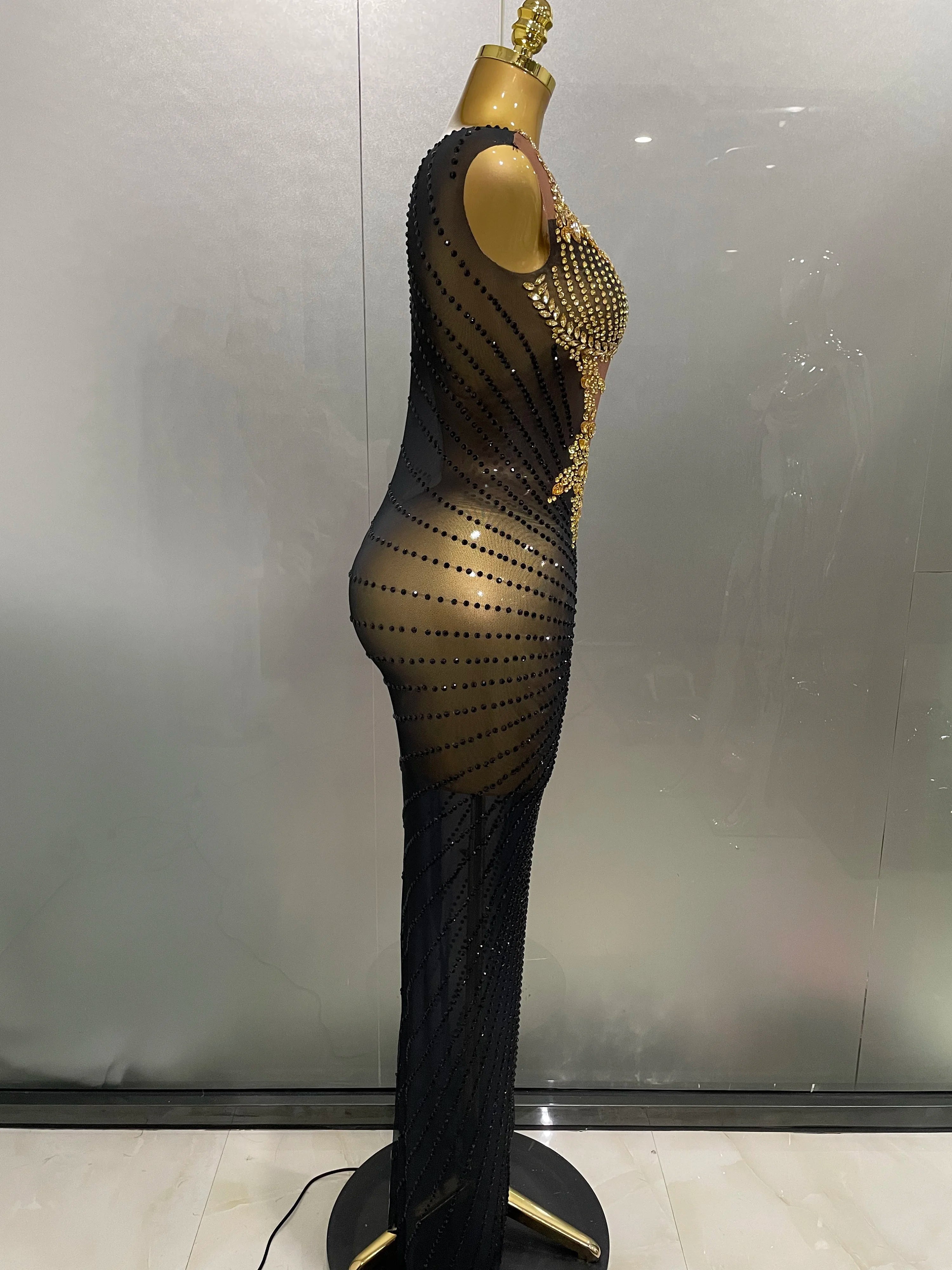 Stock Sparkly Rhinestone Sleeveless Sheer Long Dress – Women’s Party & Stagewear