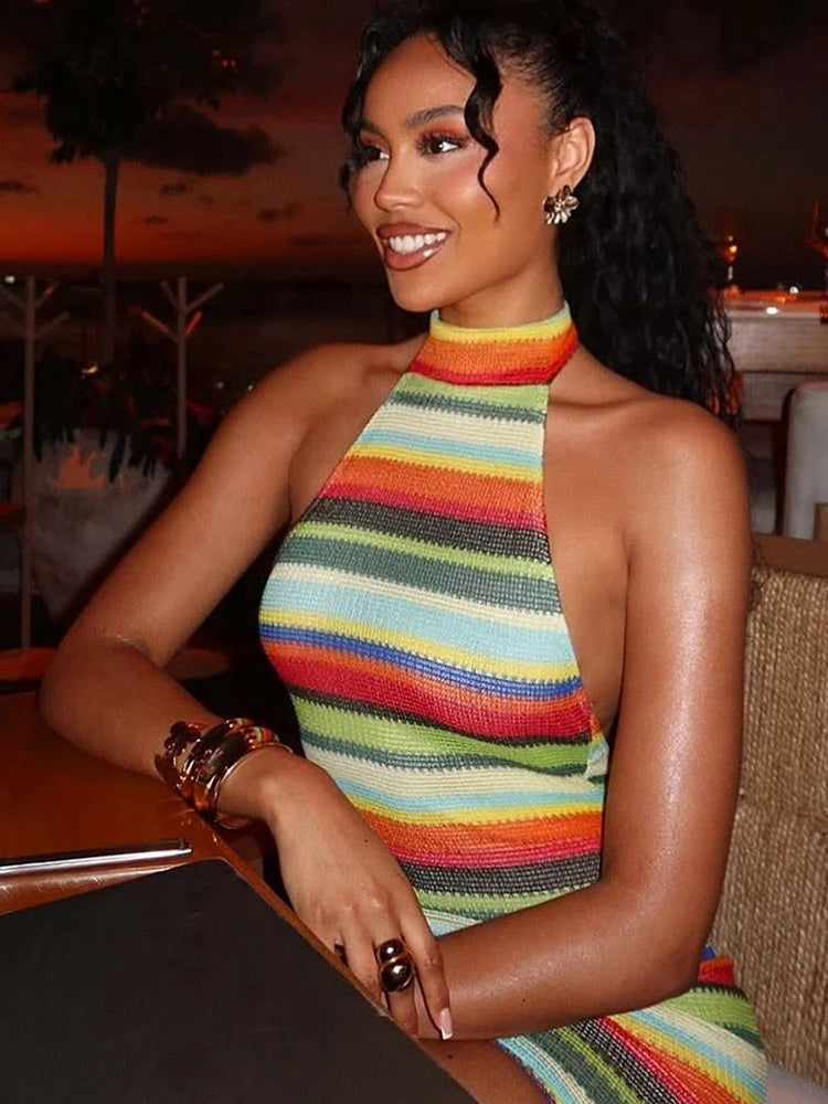 Stripe Patchwork Halter Mini Dress