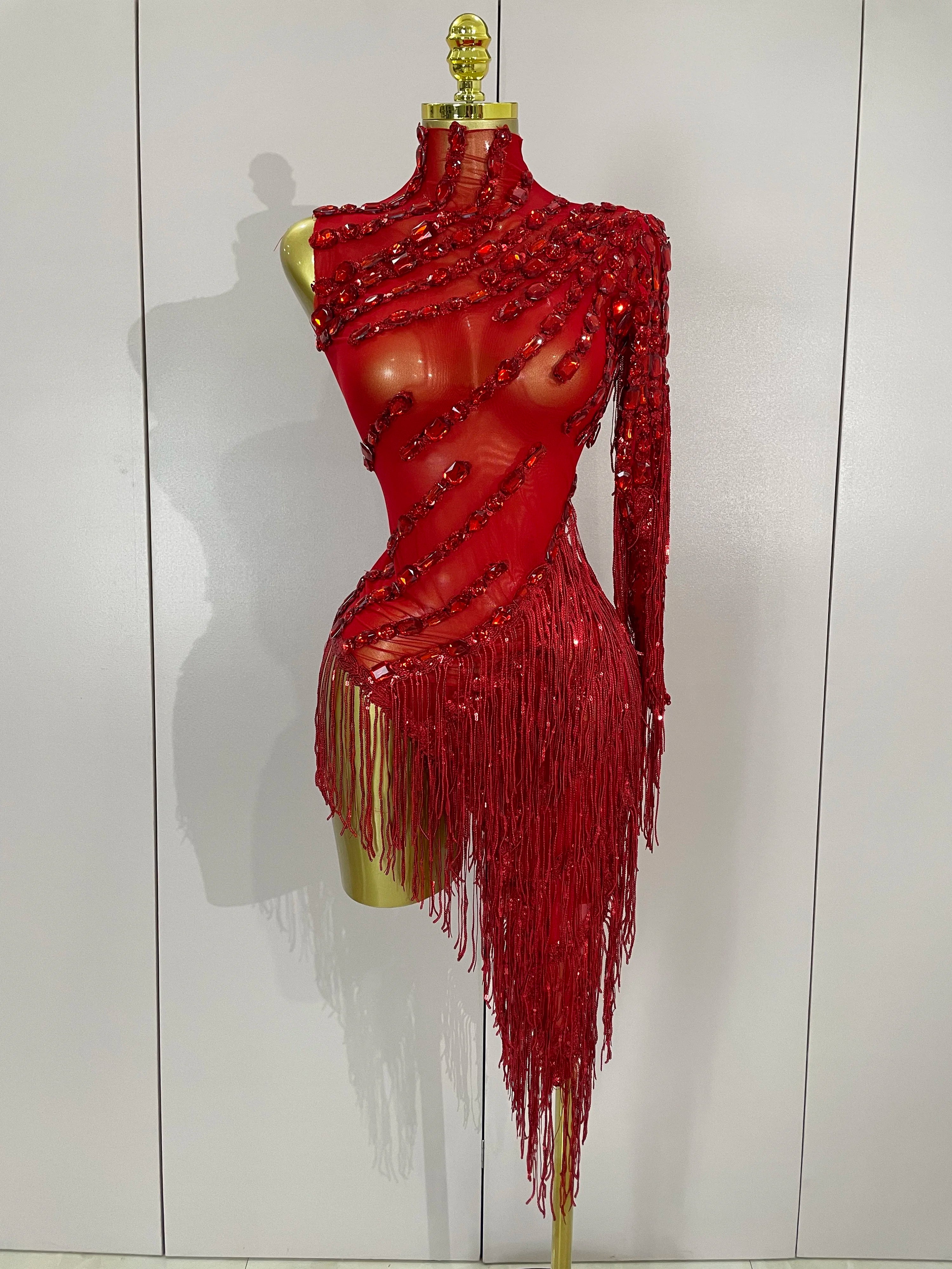 Sparkly One-Shoulder Rhinestone Tassel Latin Dress