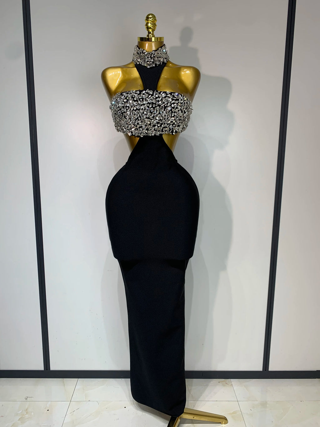 Backless Sparkly Crystal Black Bandage Dress