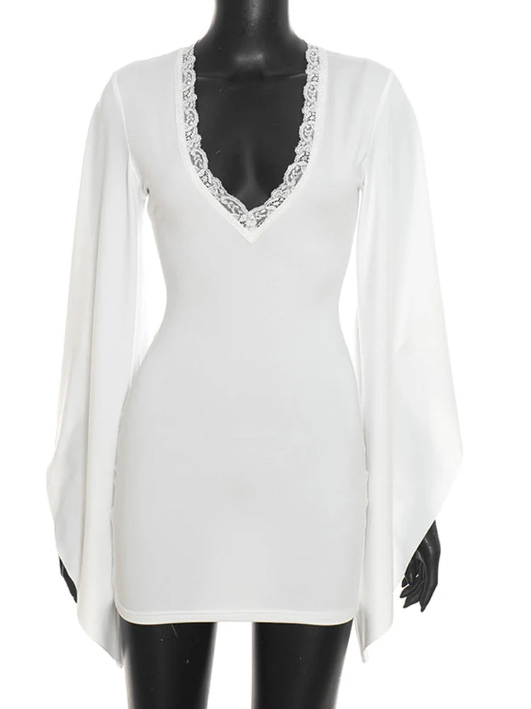 Sexy Deep V-Neck Lace Mini Dress