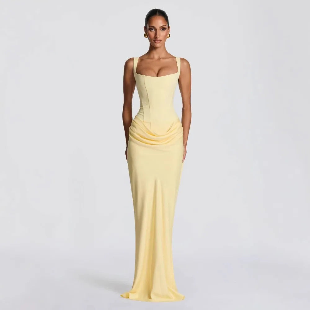 Square Neck Pleated Fishtail Maxi Dress