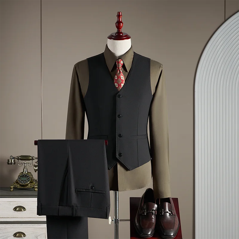Men’s High-End Wool Blend Suit – British-Style 3-Piece Gray-Blue Wedding Suit
