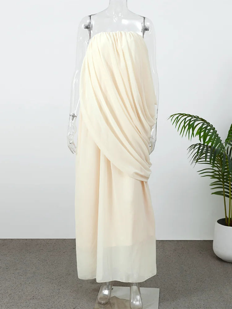 Elegant Yellow Strapless Pleated Maxi Dress