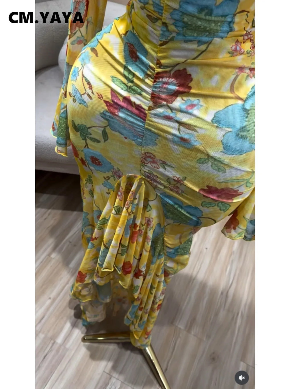 Tie-Dye V-Neck Flare Sleeve Mesh Dress