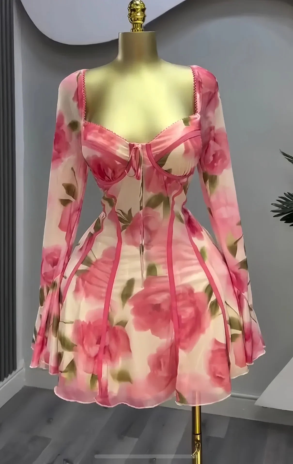 Floral Flare Sleeve Plunging V-Neck Dress