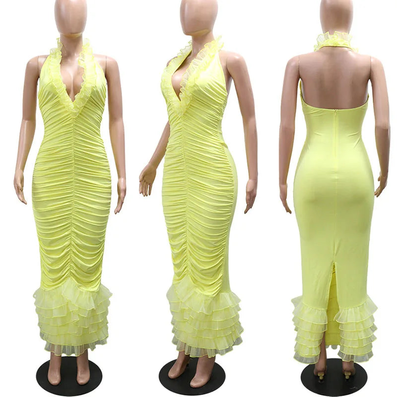 Halter Deep V-Neck Bodycon Maxi Dress