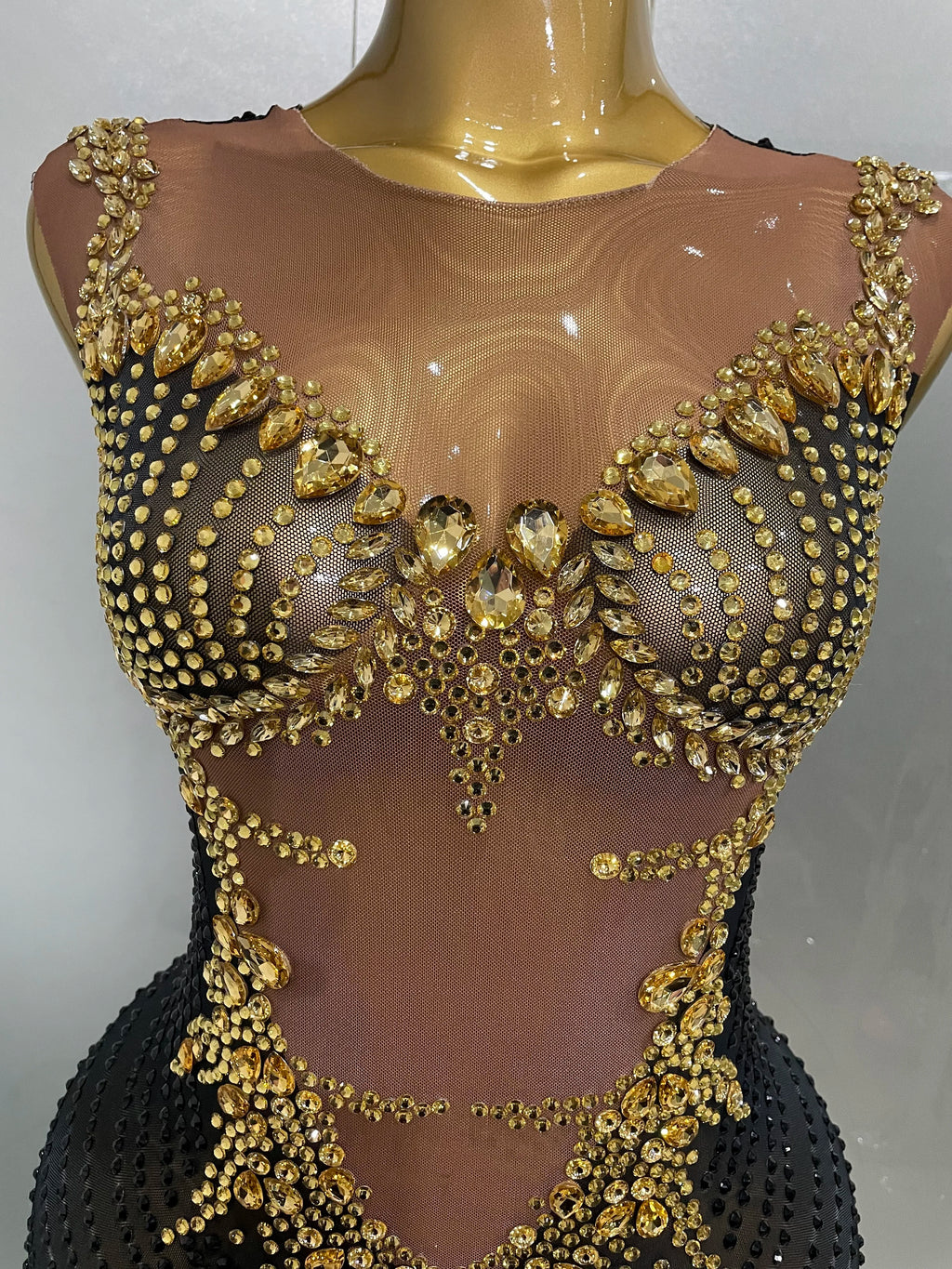 Stock Sparkly Rhinestone Sleeveless Sheer Long Dress – Women’s Party & Stagewear