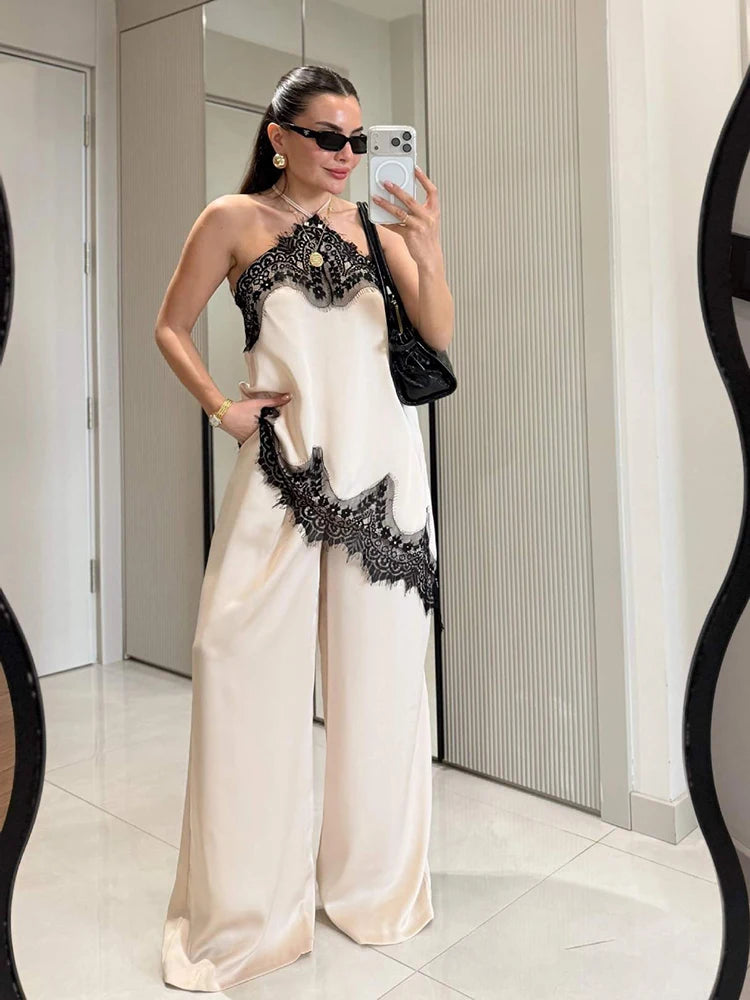2-Piece Satin Halter Set: Asymmetric Lace Top & Wide-Leg Pants