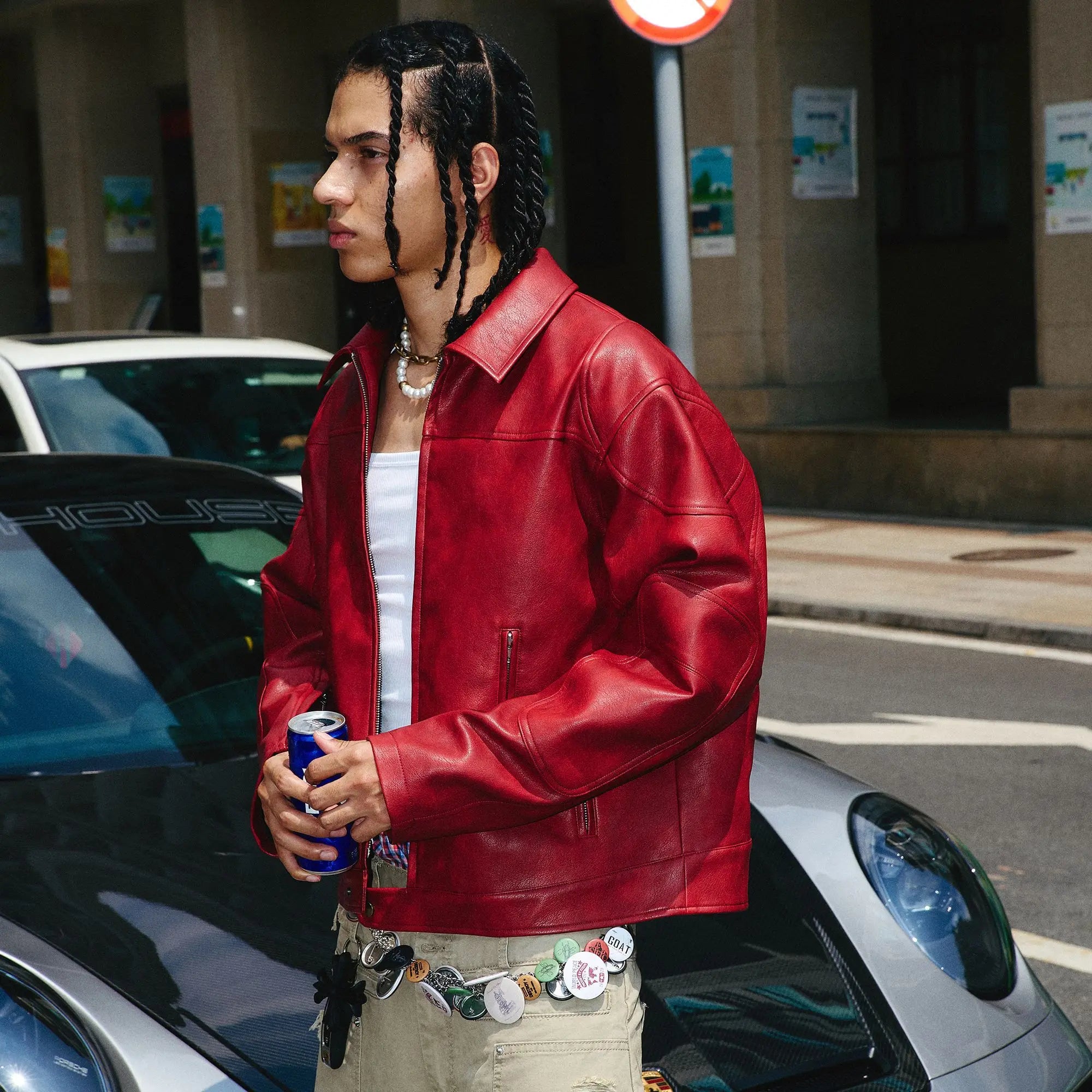 Korean Streetwear Red PU Jacket