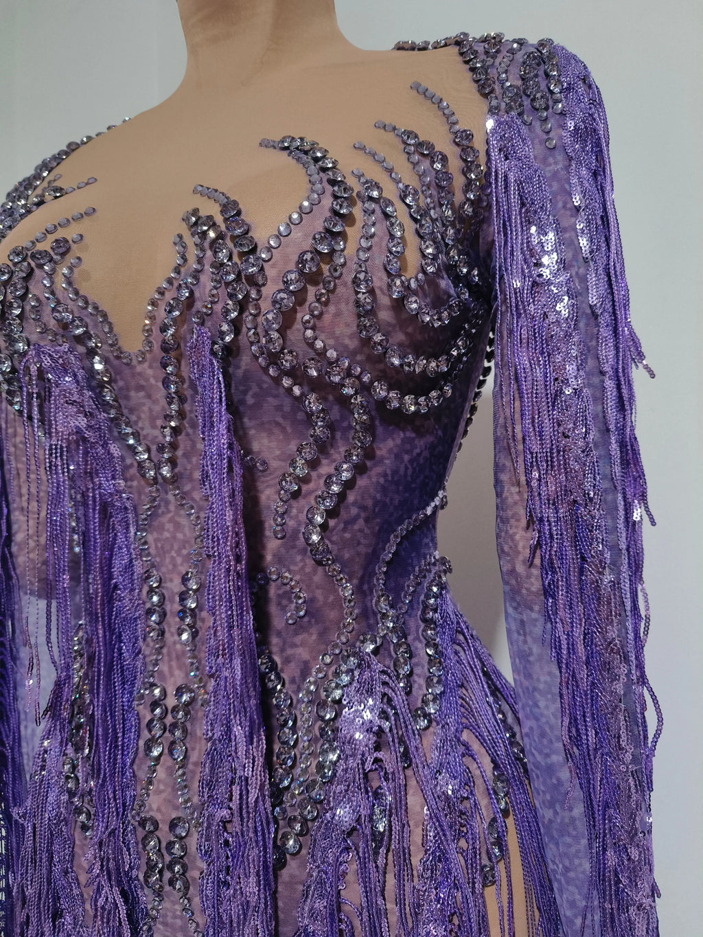 Women’s Purple Rhinestone Tassel Sheer Mesh Dress – Long Sleeve Party & Stagewear