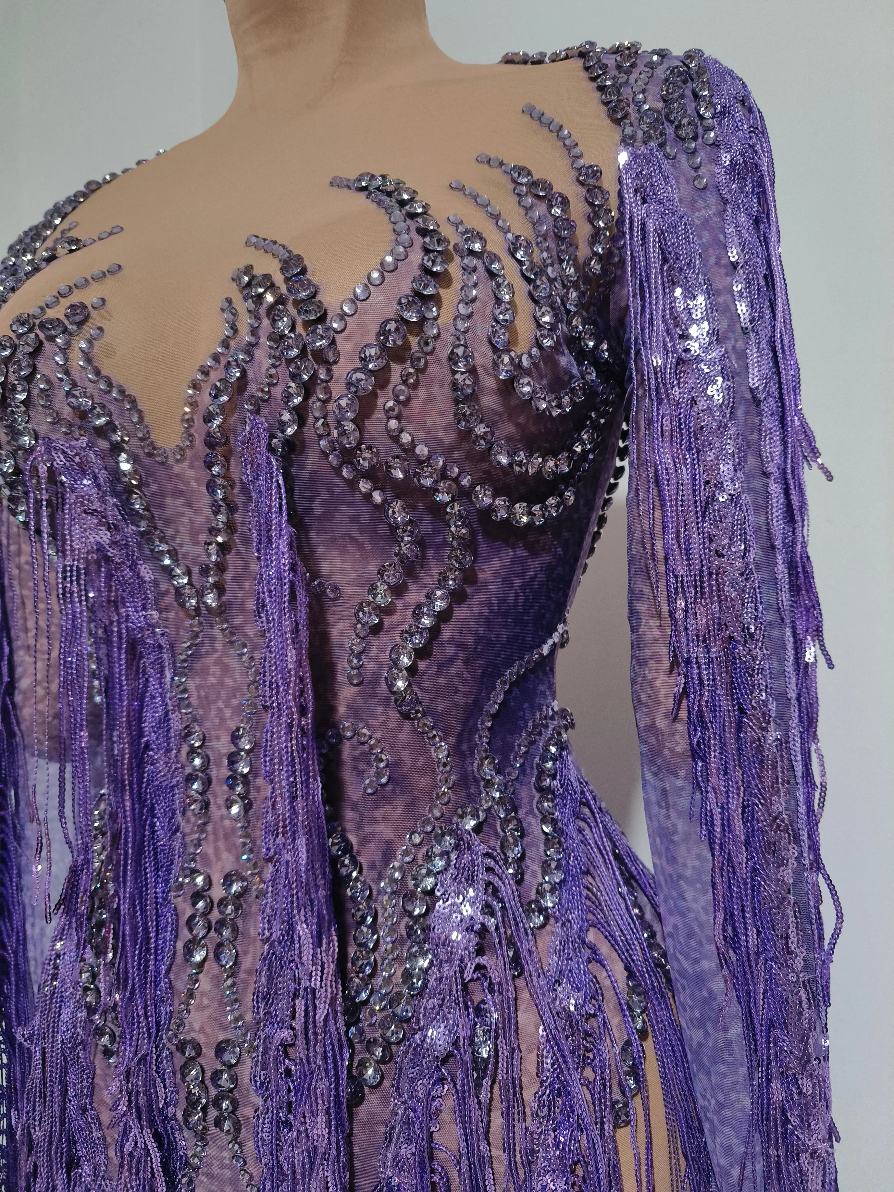 Women’s Purple Rhinestone Tassel Sheer Mesh Dress – Long Sleeve Party & Stagewear