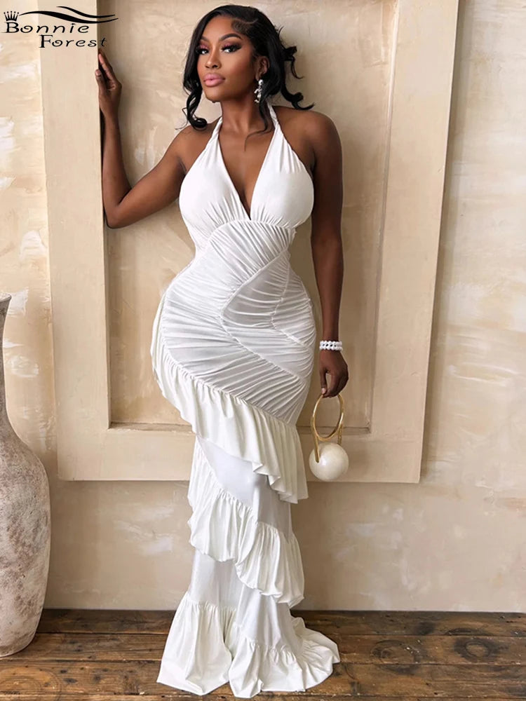 Halter V-Neck Ruched Mermaid Maxi Dress