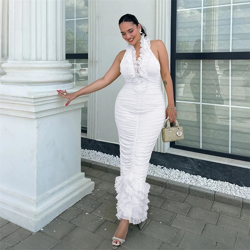 Halter Deep V-Neck Bodycon Maxi Dress