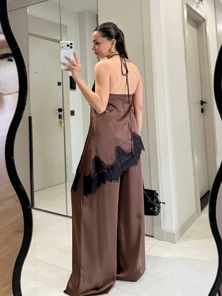2-Piece Satin Halter Set: Asymmetric Lace Top & Wide-Leg Pants