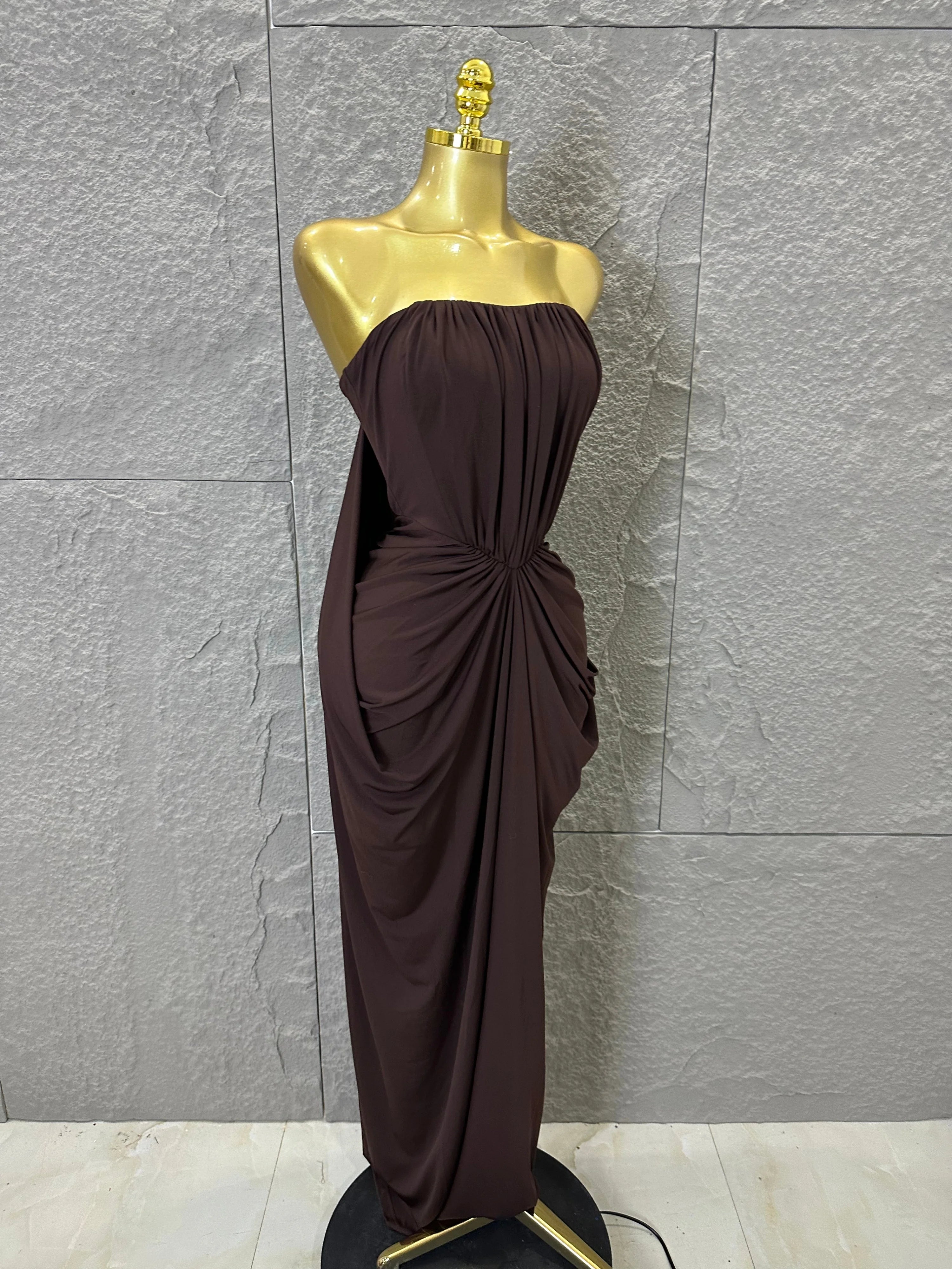 Elegant Brown Strapless Ruched Maxi Dress