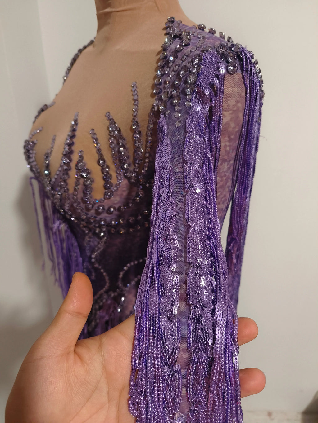 Women’s Purple Rhinestone Tassel Sheer Mesh Dress – Long Sleeve Party & Stagewear