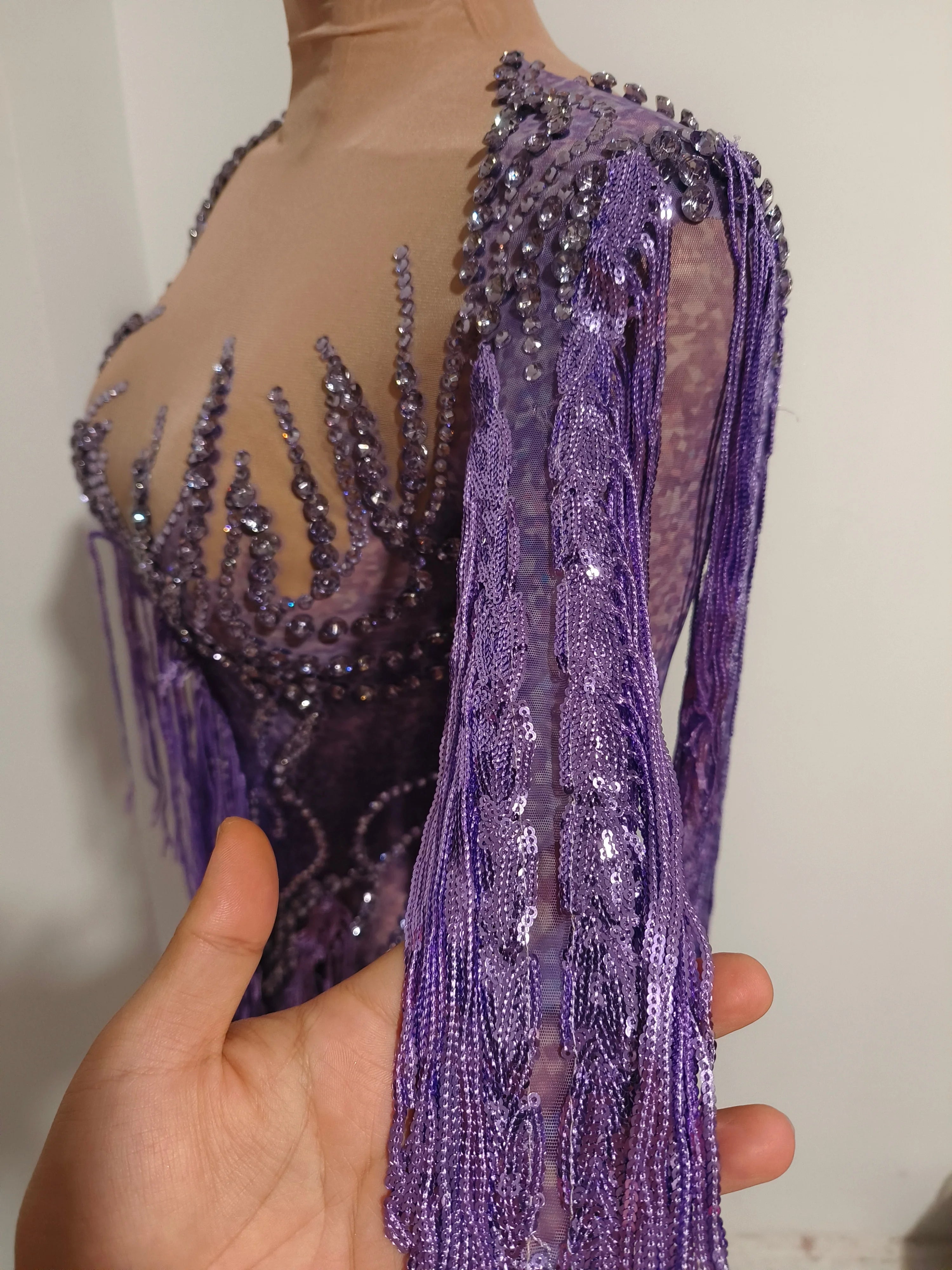 Women’s Purple Rhinestone Tassel Sheer Mesh Dress – Long Sleeve Party & Stagewear