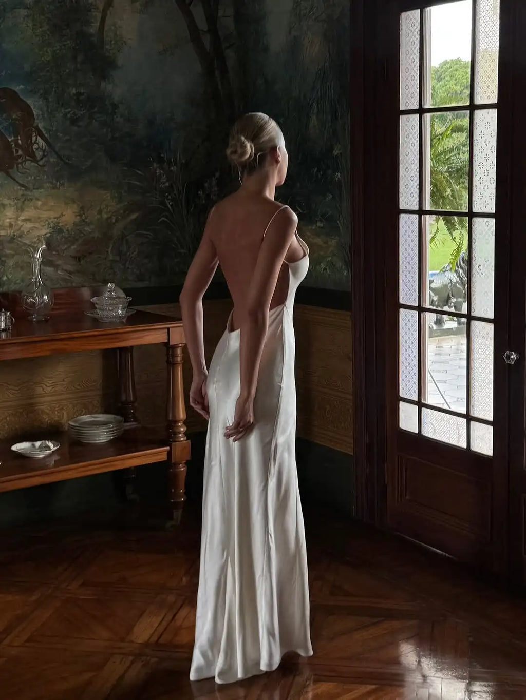 White Satin Backless Slit Maxi Dress
