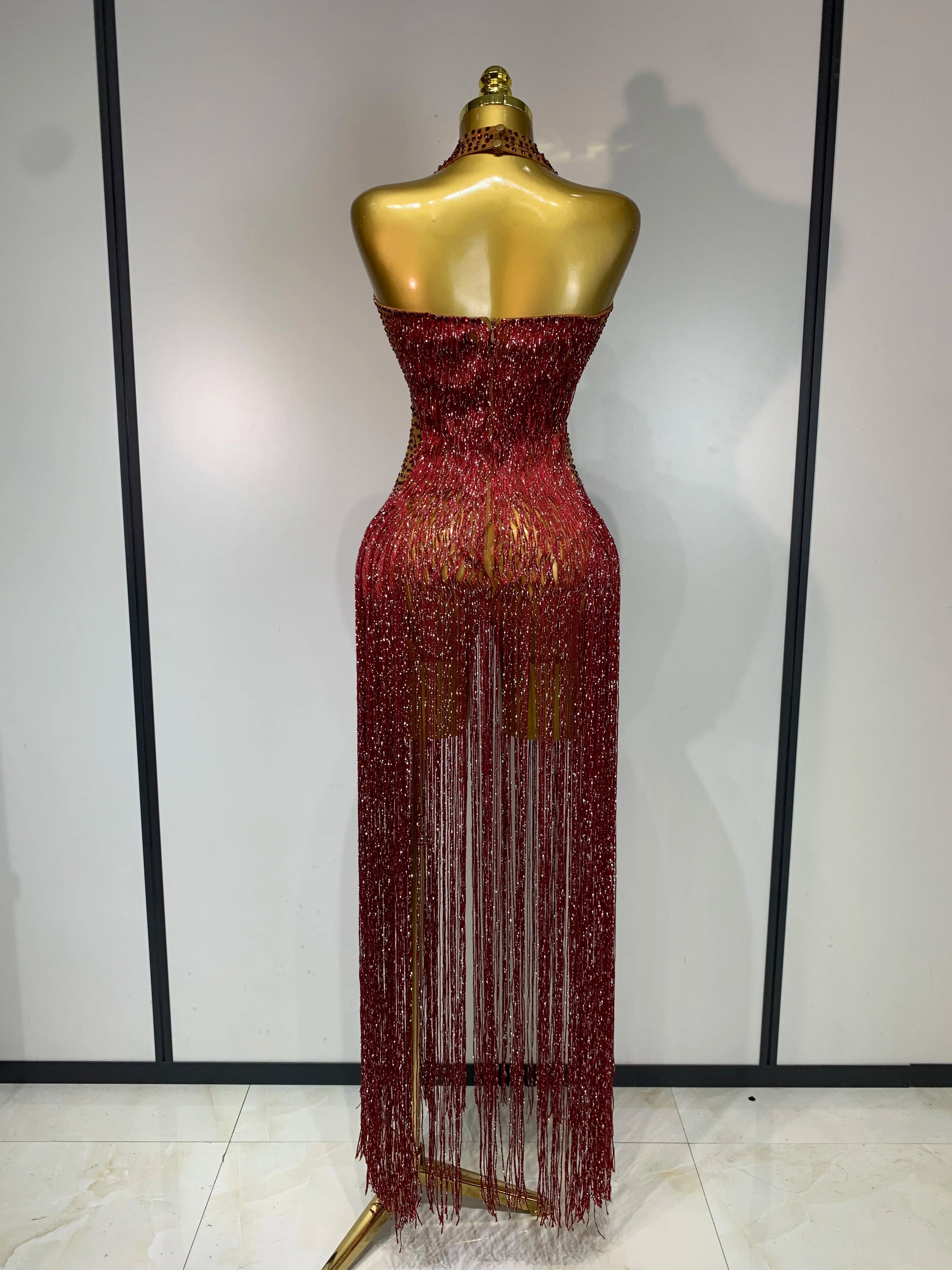 Sparkly Rhinestone Tassel Mesh Performance Bodysuit