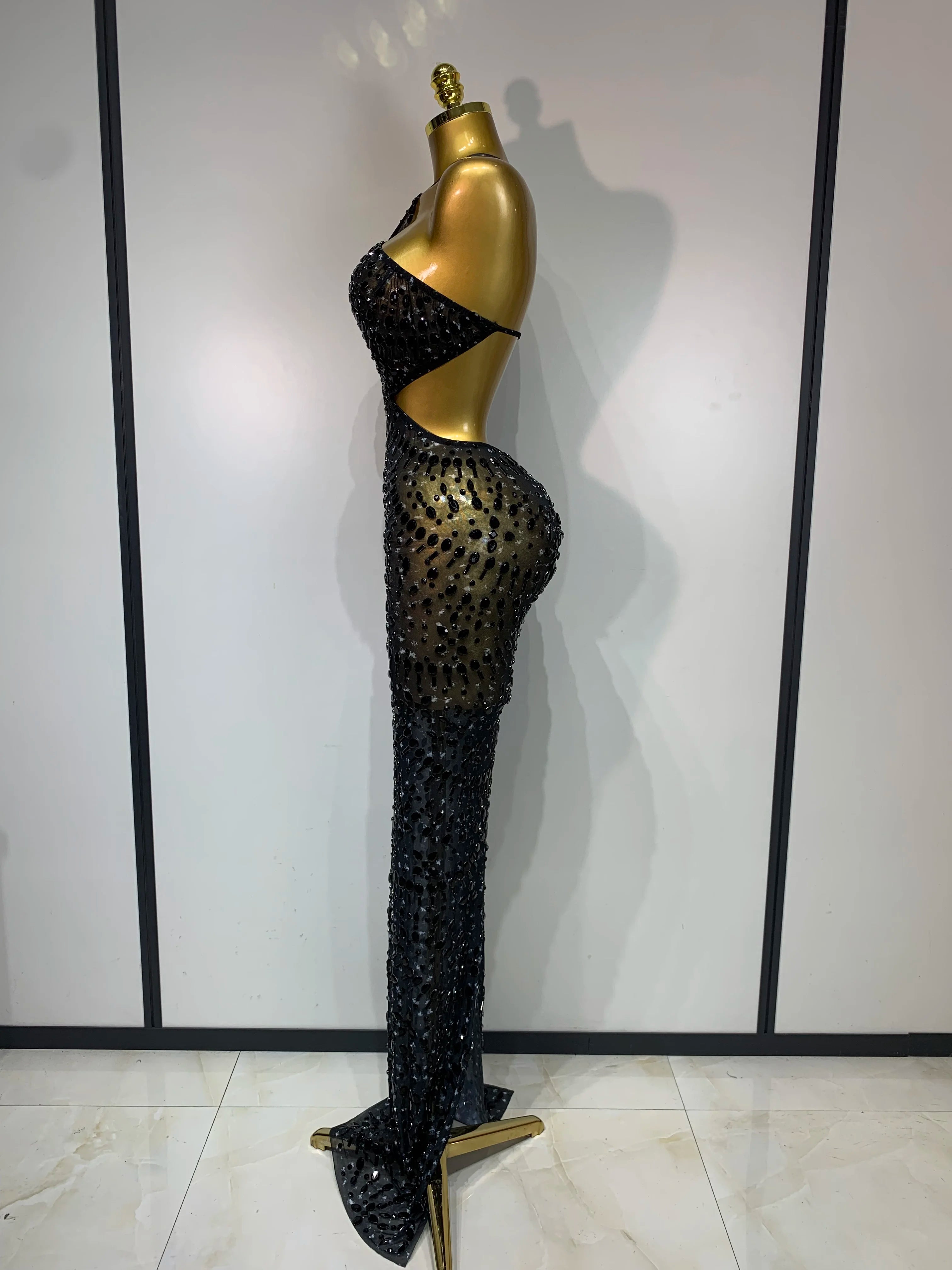 Sparkly Rhinestone Backless Bodycon Maxi Dress