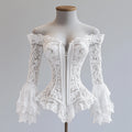 Women’s Off-Shoulder Lace Blouse – Flare Sleeve Hollow-Out Irregular Hem Top