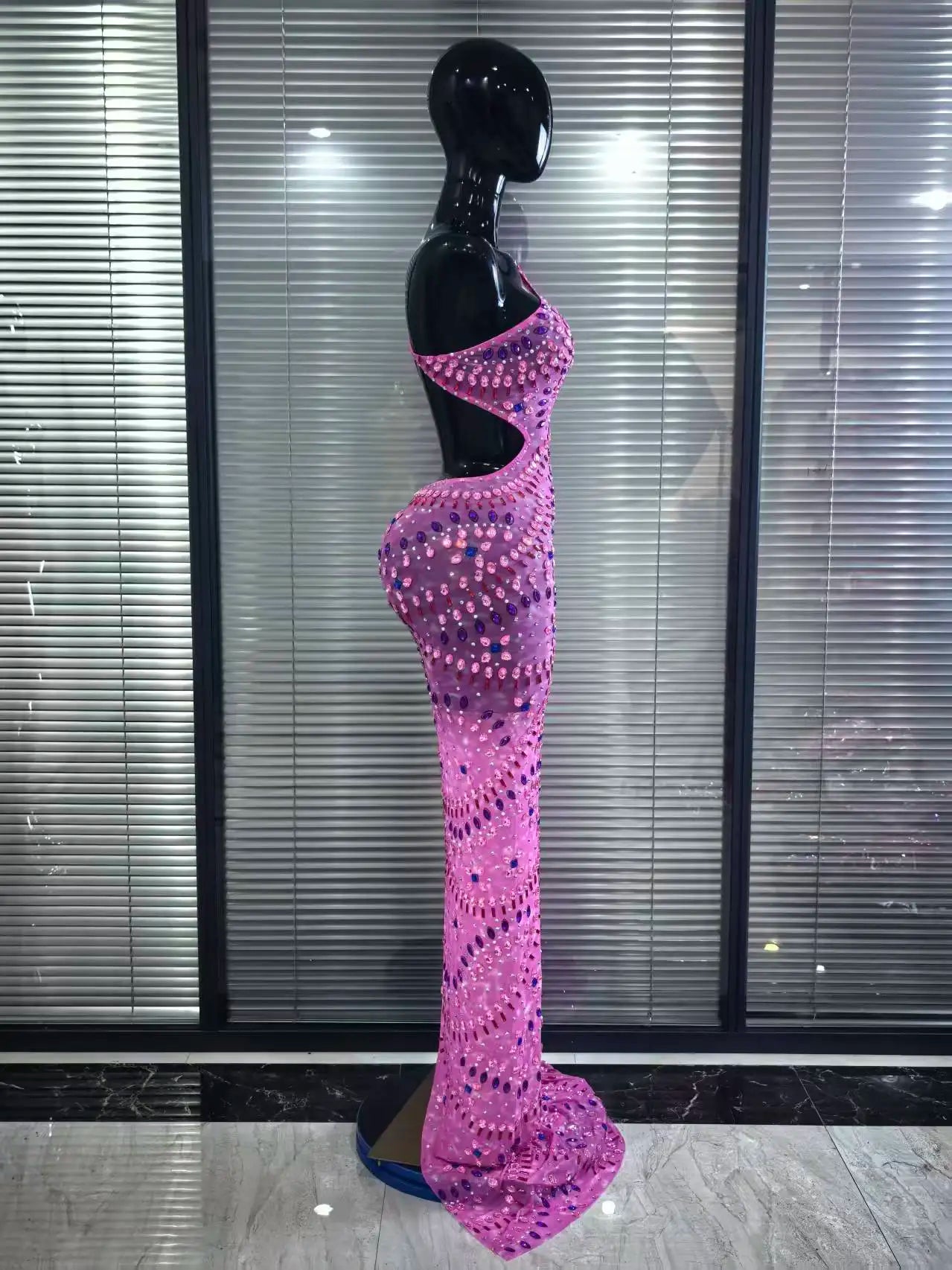 Pink Halter Backless Mesh Mermaid Dress