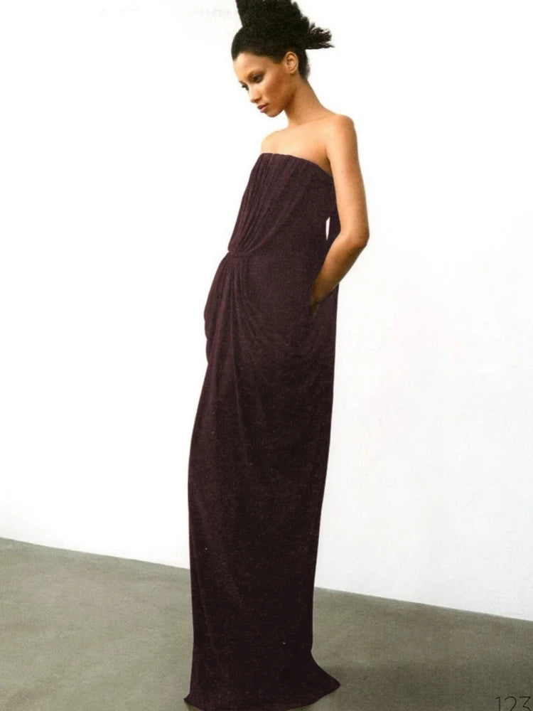 Sexy Strapless Ruched Brown Maxi Dress