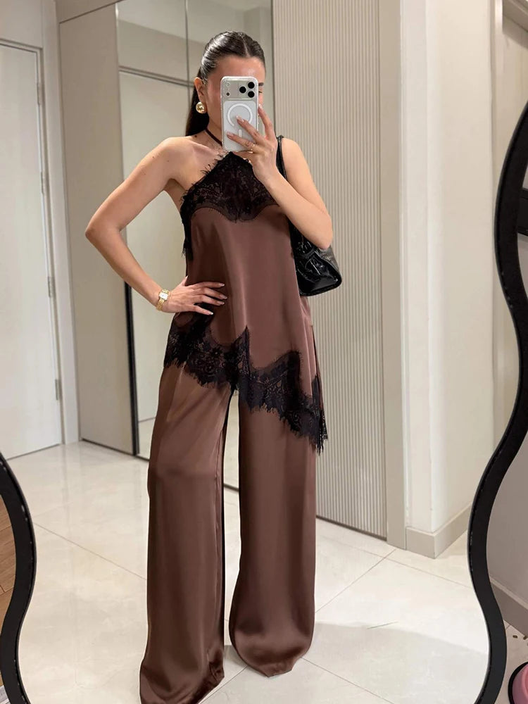 2-Piece Satin Halter Set: Asymmetric Lace Top & Wide-Leg Pants