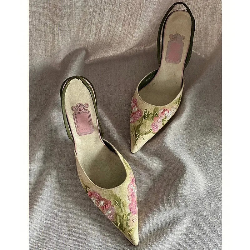 KNCOKAR Embroidered Pointed Toe Thin High Heel Pumps